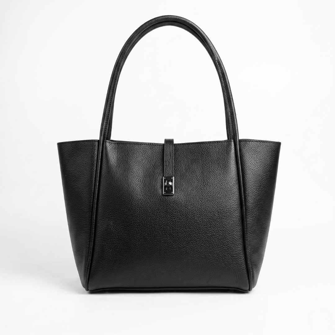 Black leather handbag on a white background
