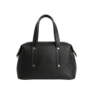 Black handbag with gold accents on a white background