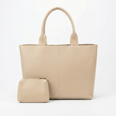 Beige tote bag with matching pouch on a white background