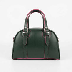 Green handbag with pink accents on a white background