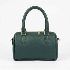 Green handbag with gold accents on a white background