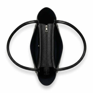 Black shoe with circular design on a white background