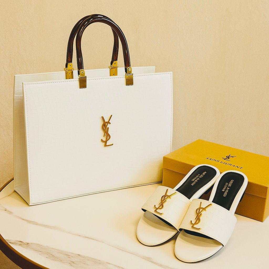 White YSL Handbag & Slippers Set