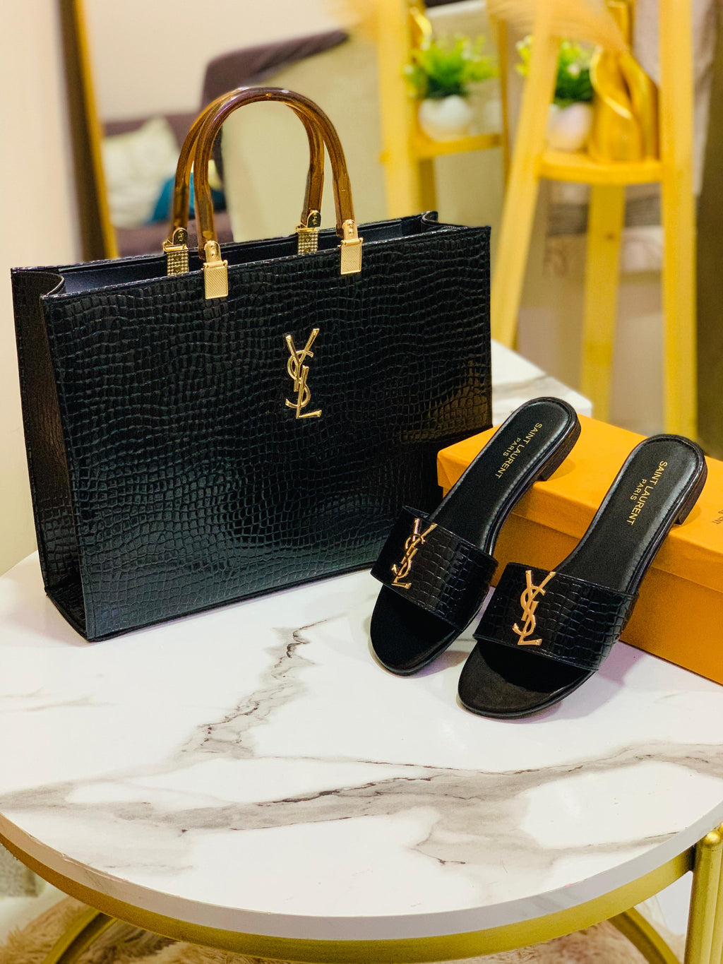 Black YSL Handbag & Slippers Set