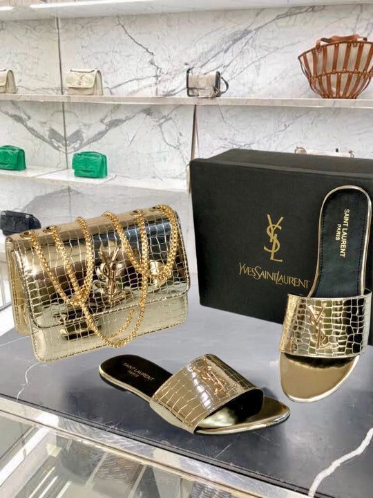 Golden YSL Slipper + Crossbody Bag Combo