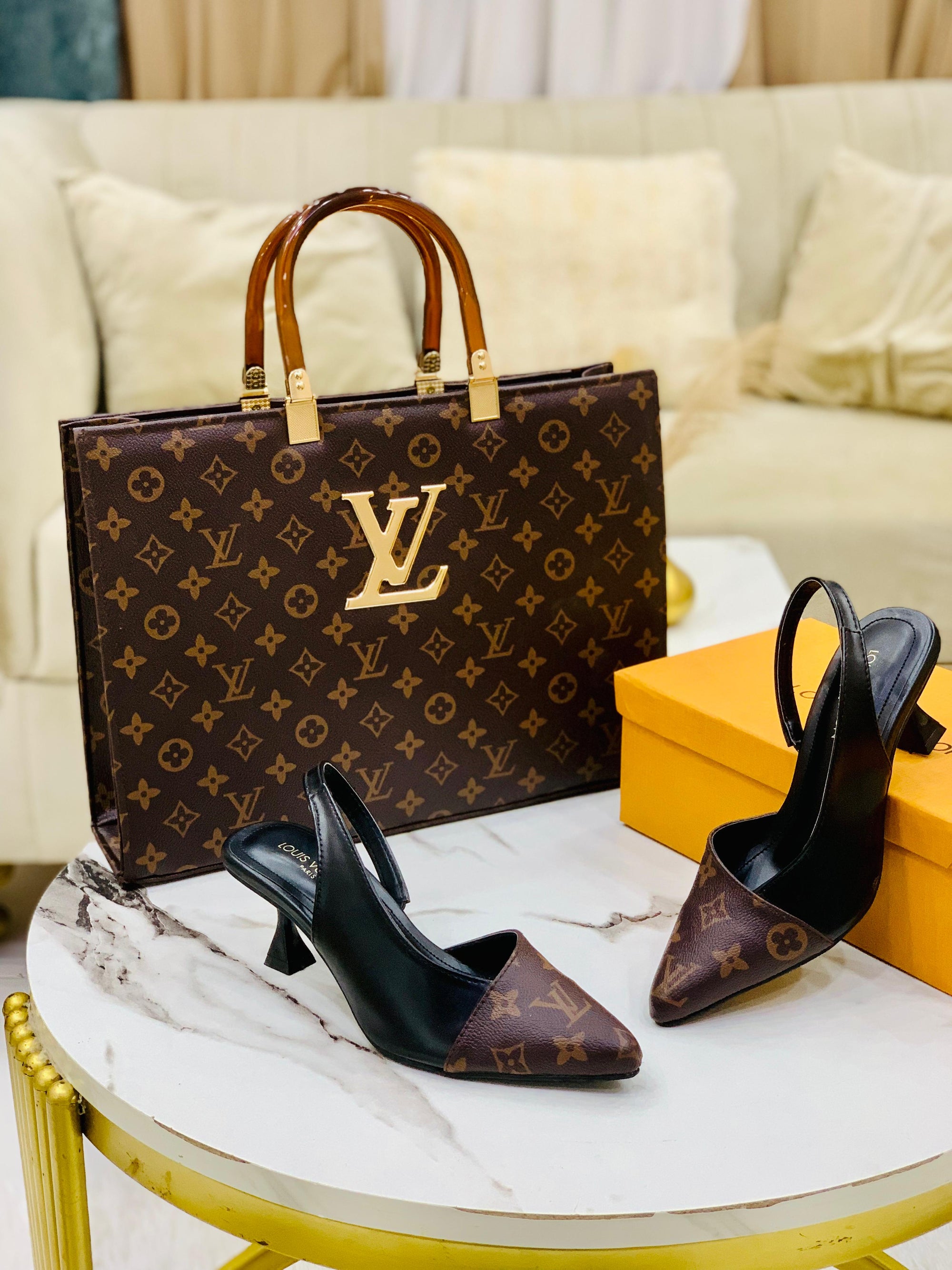 Brown Lv slingback heels + lv handbag