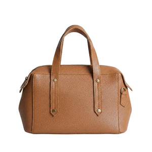 Brown leather handbag on a light gray background