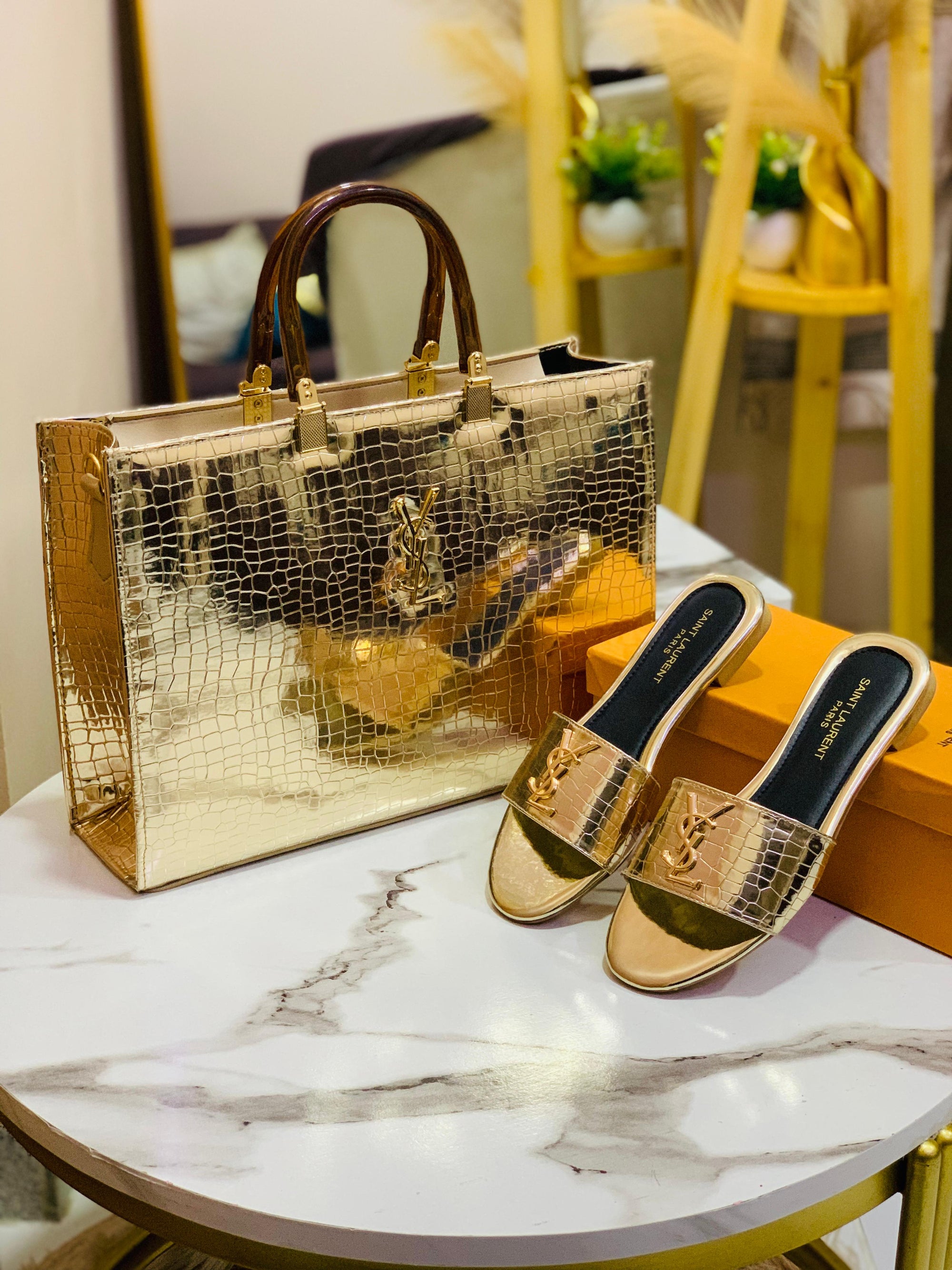 Golden YSL Handbag & Slippers Set
