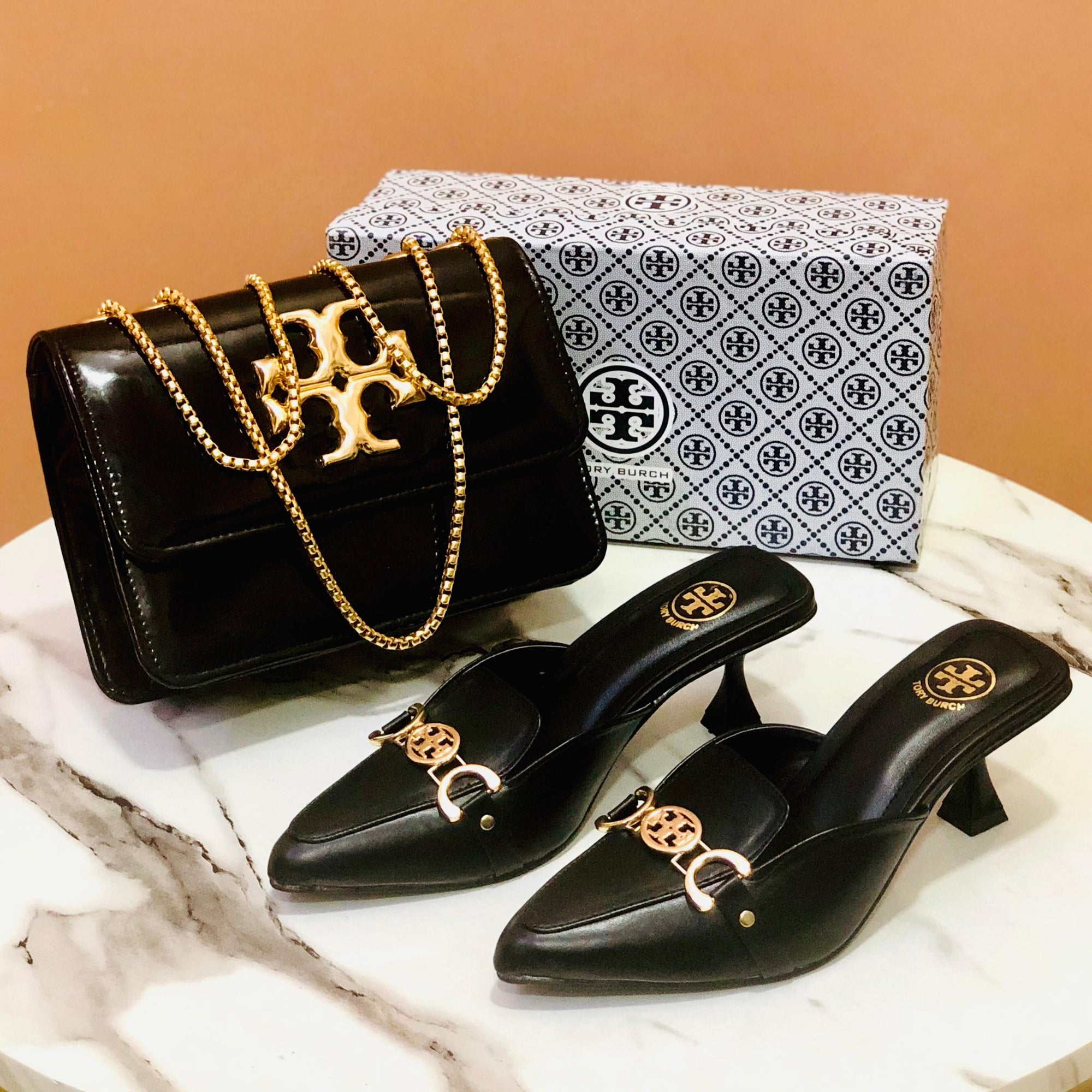 Tory Burch black heels + crossbody bag