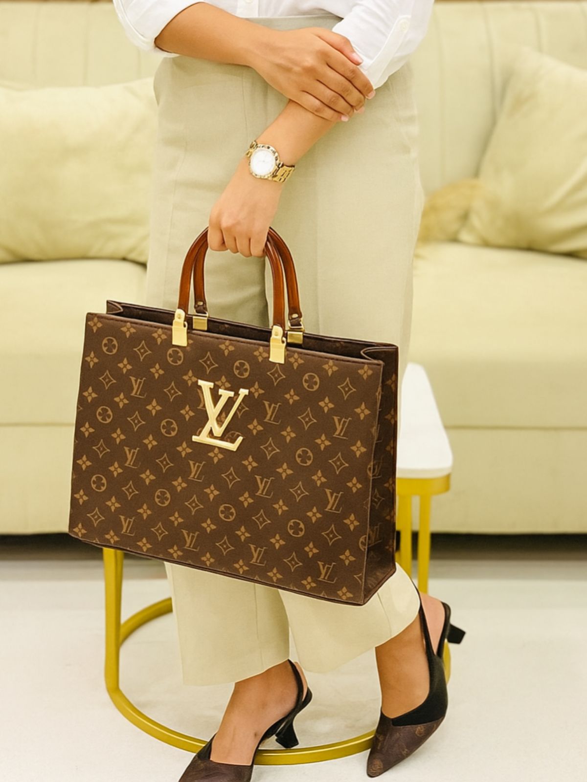 Brown Lv slingback heels + lv handbag