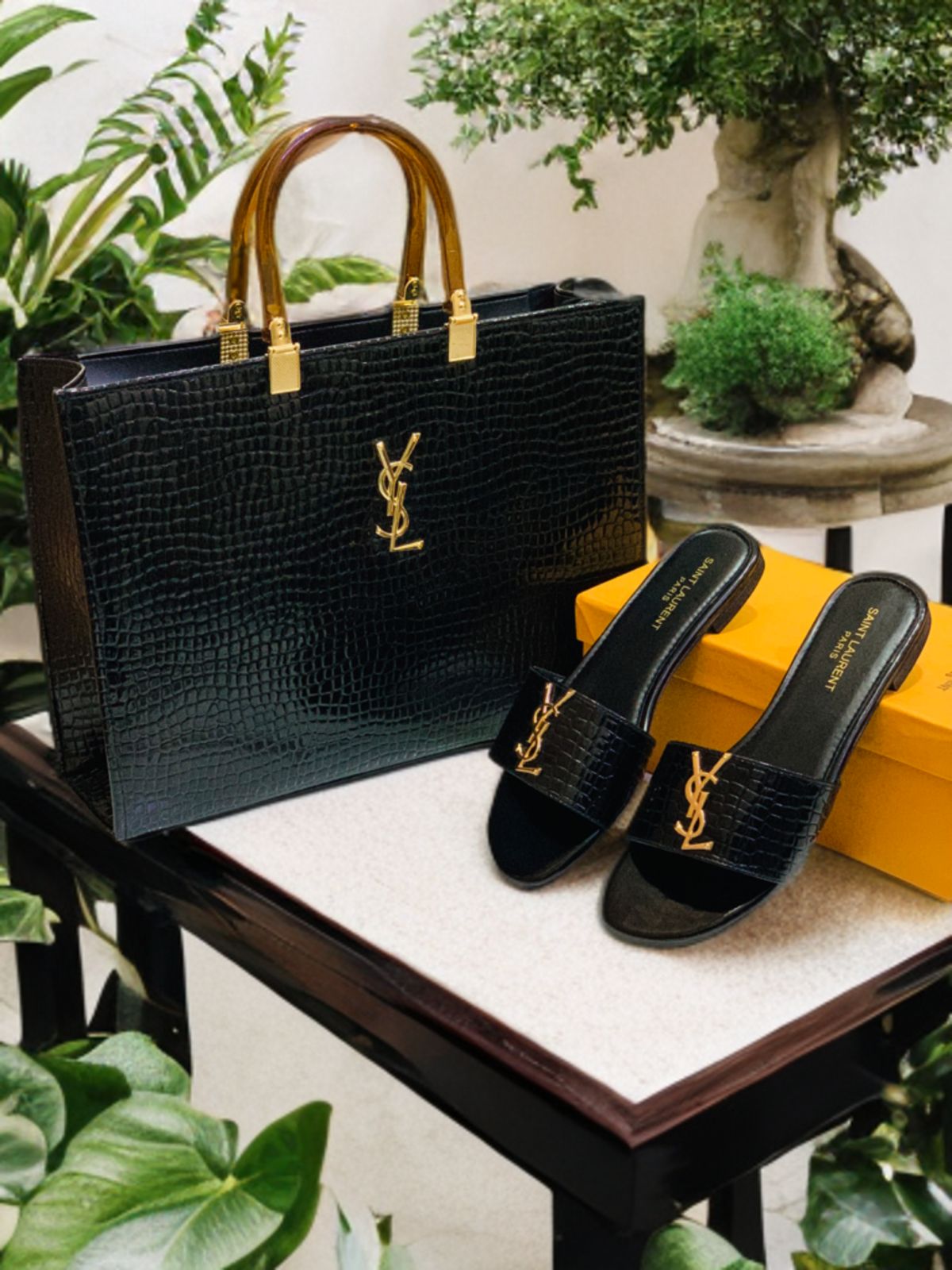 Black YSL Handbag & Slippers Set