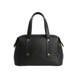 Black handbag with gold accents on a white background