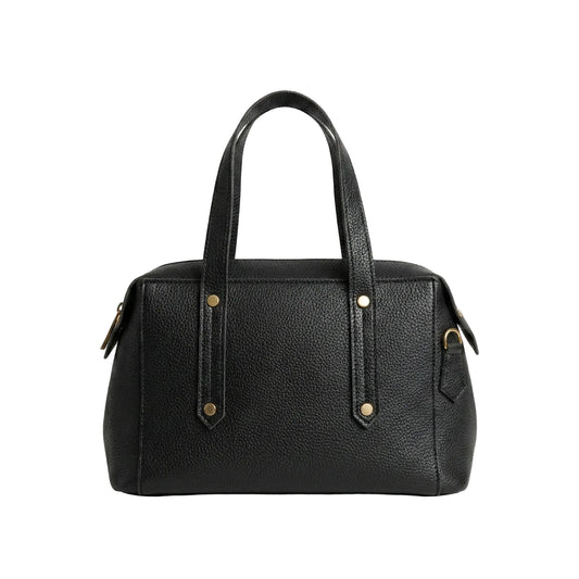 Black handbag with gold accents on a white background