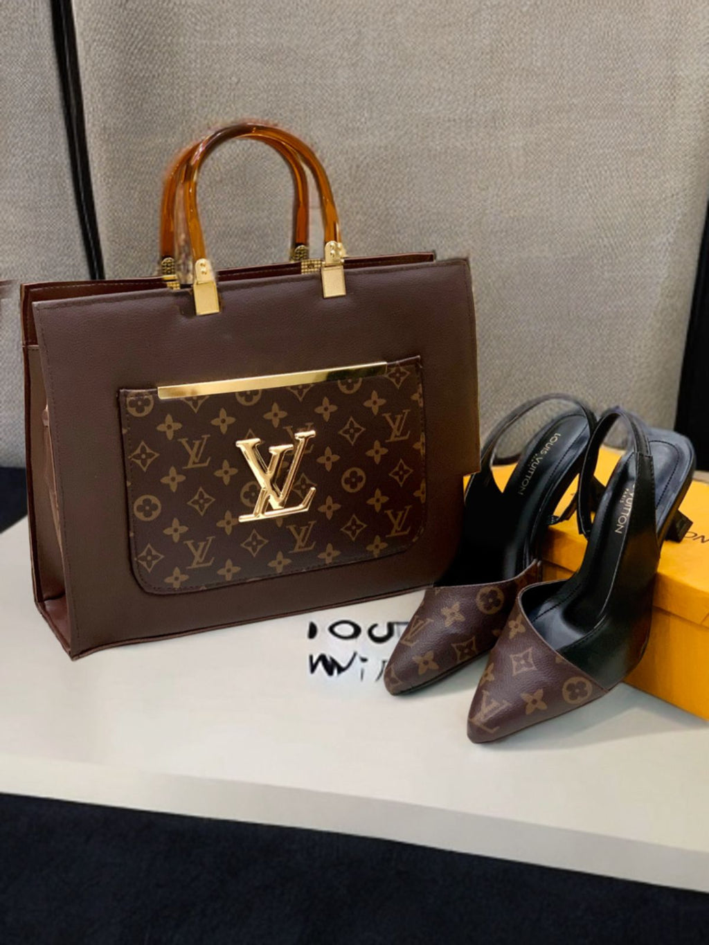 Brown Lv slingback heels + lv D handbag