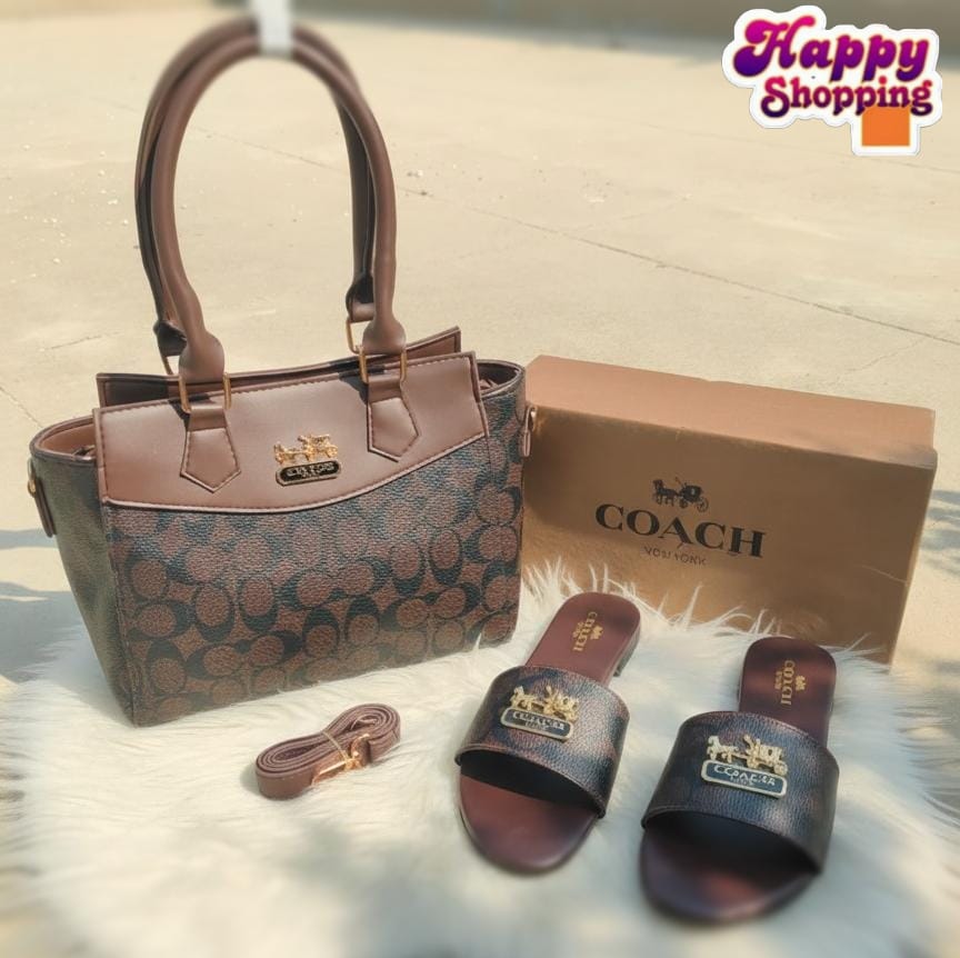 Brown Coach Flat Slipper + Coach Hand Bag
