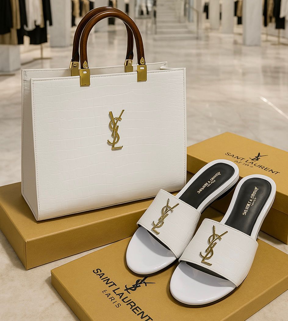 White YSL Handbag & Slippers Set