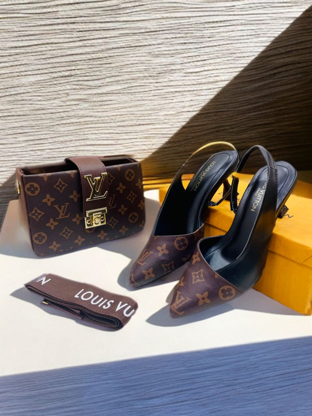 Brown Lv slingback heels + lv crossbody bag