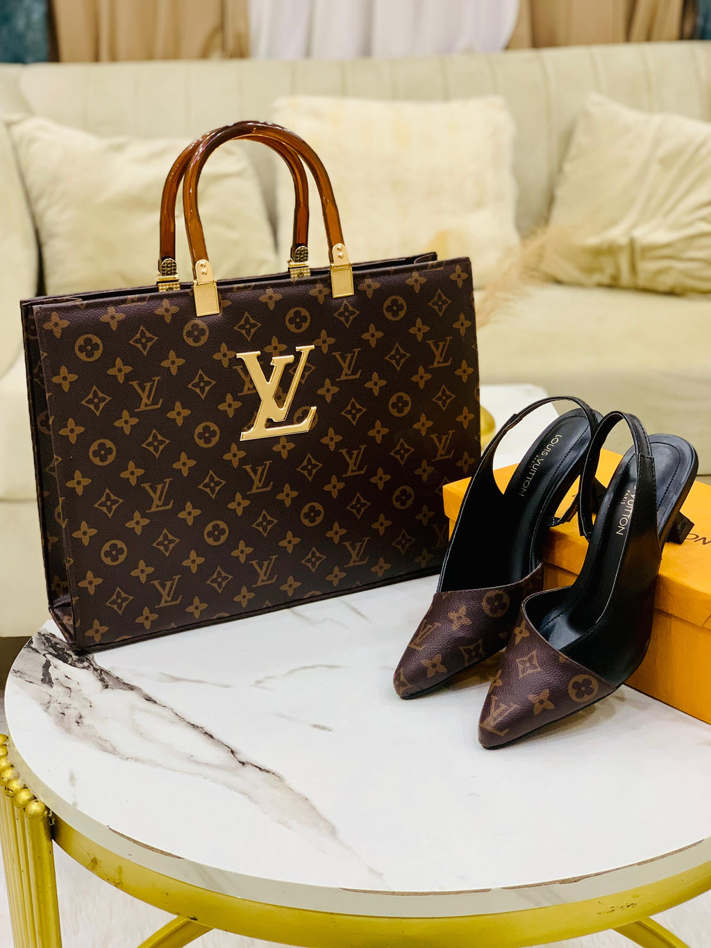 Brown Lv slingback heels + lv handbag
