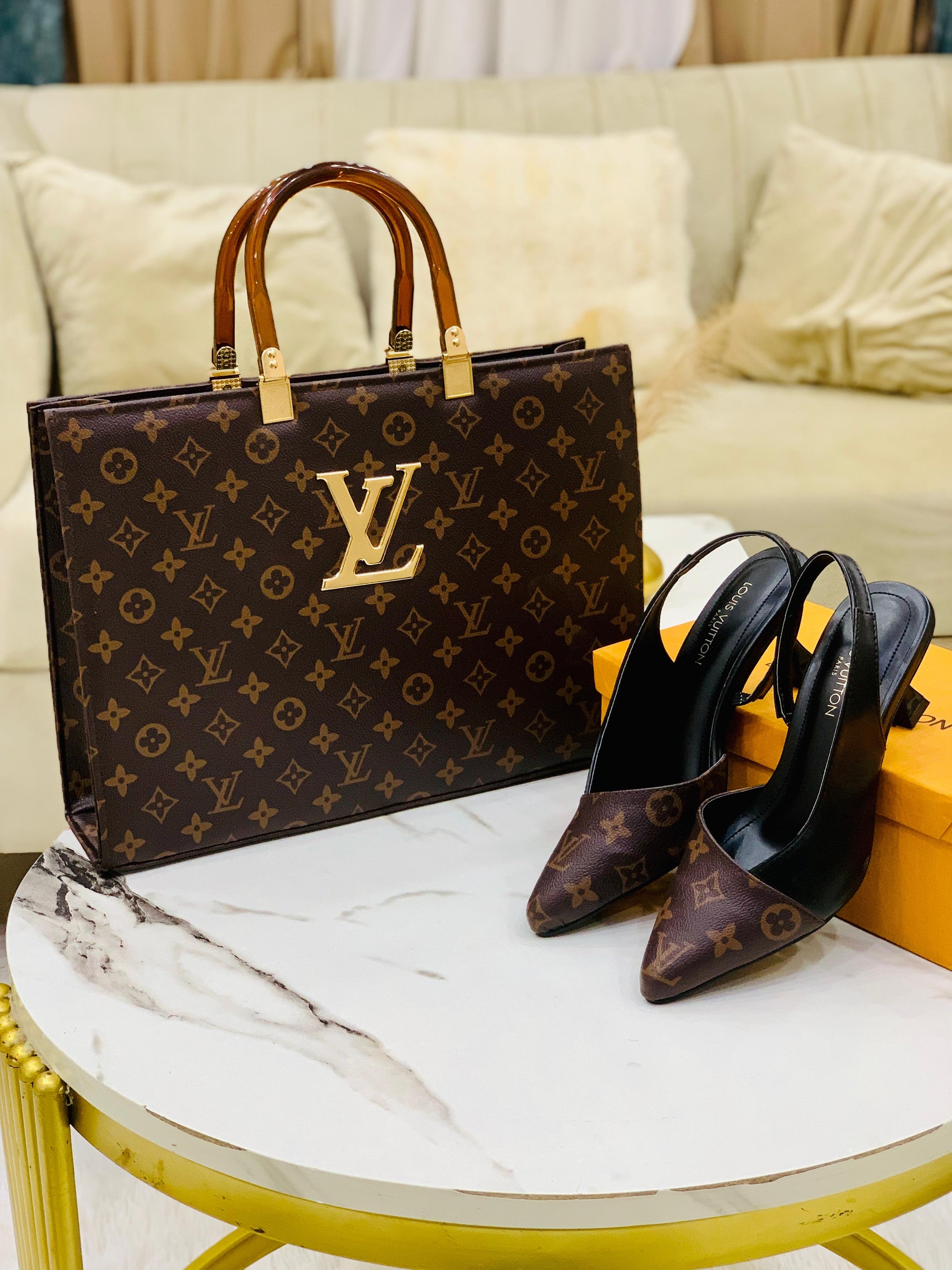 Brown Lv slingback heels + lv handbag