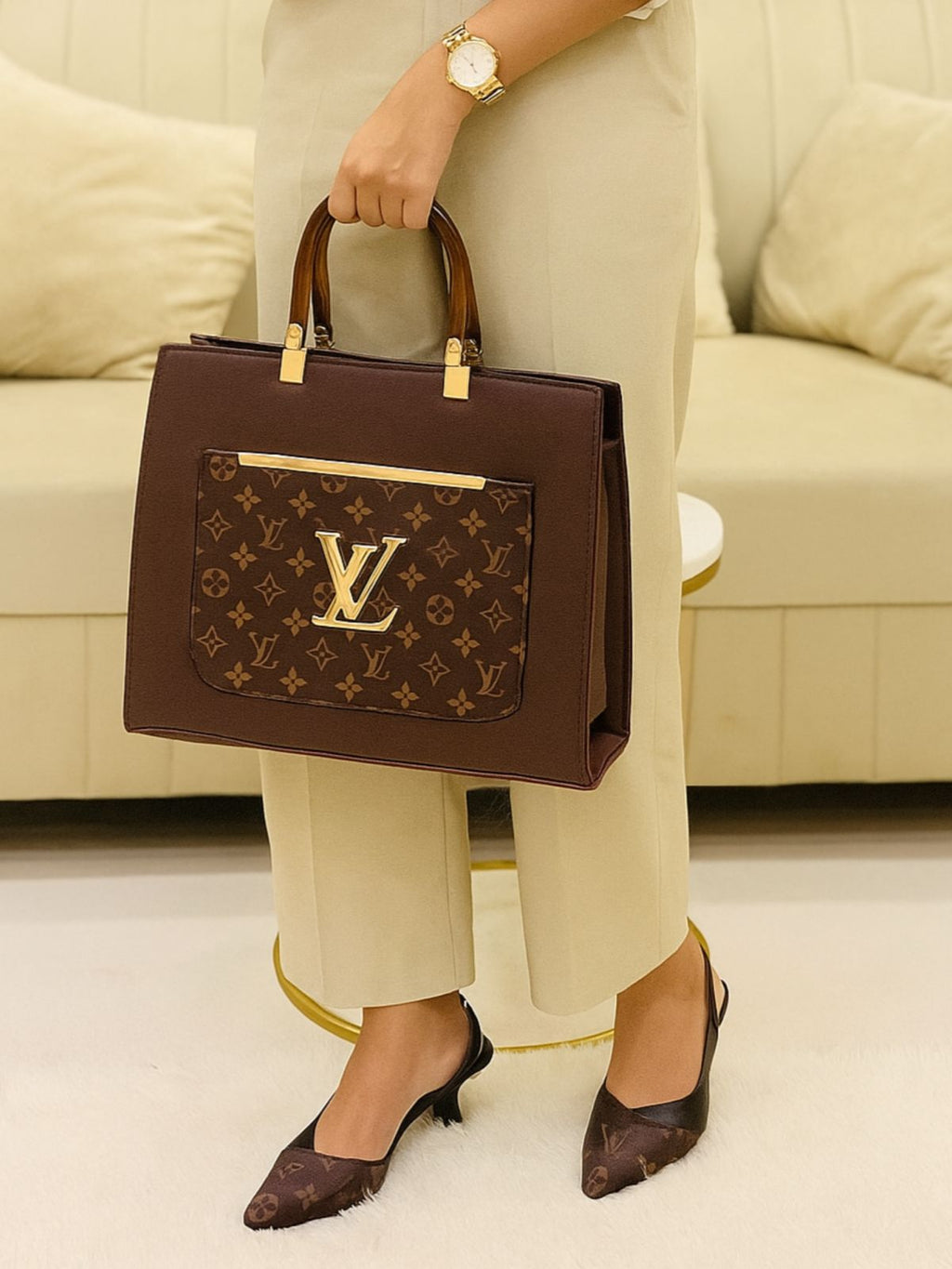 Brown Lv slingback heels + lv D handbag