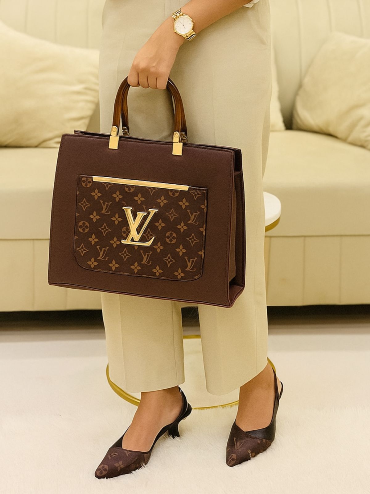 Brown Lv slingback heels + lv D handbag