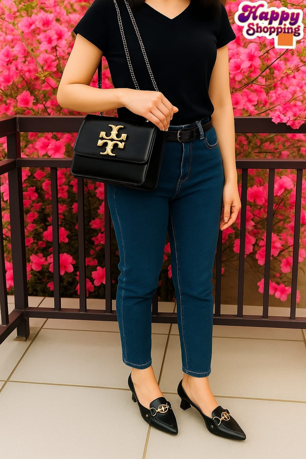 Tory Burch black heels + crossbody bag