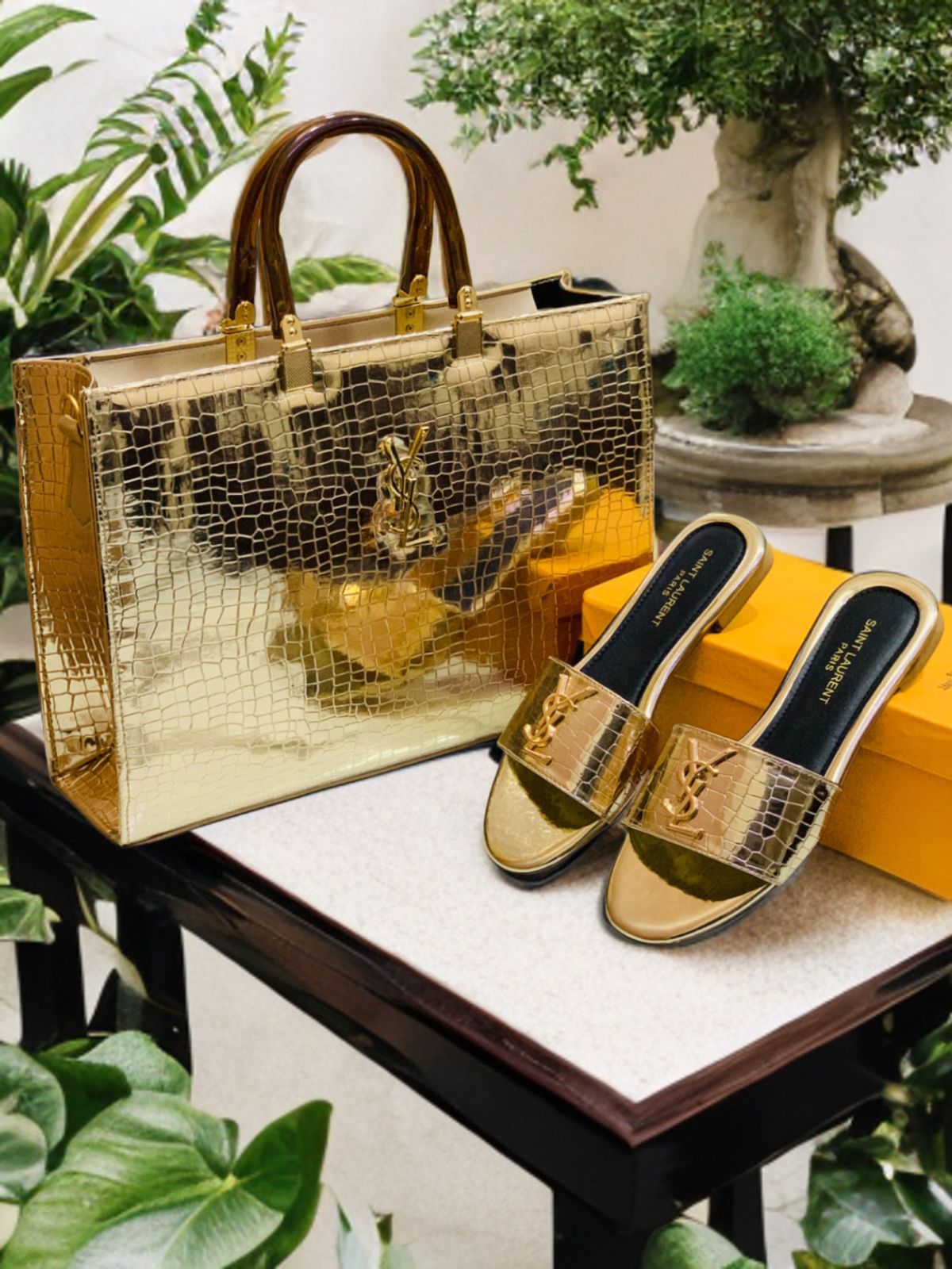 Golden YSL Handbag & Slippers Set